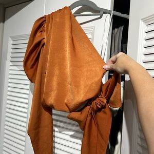 Cropped One-shoulder blouse with tie waist, long sleeve puff detail